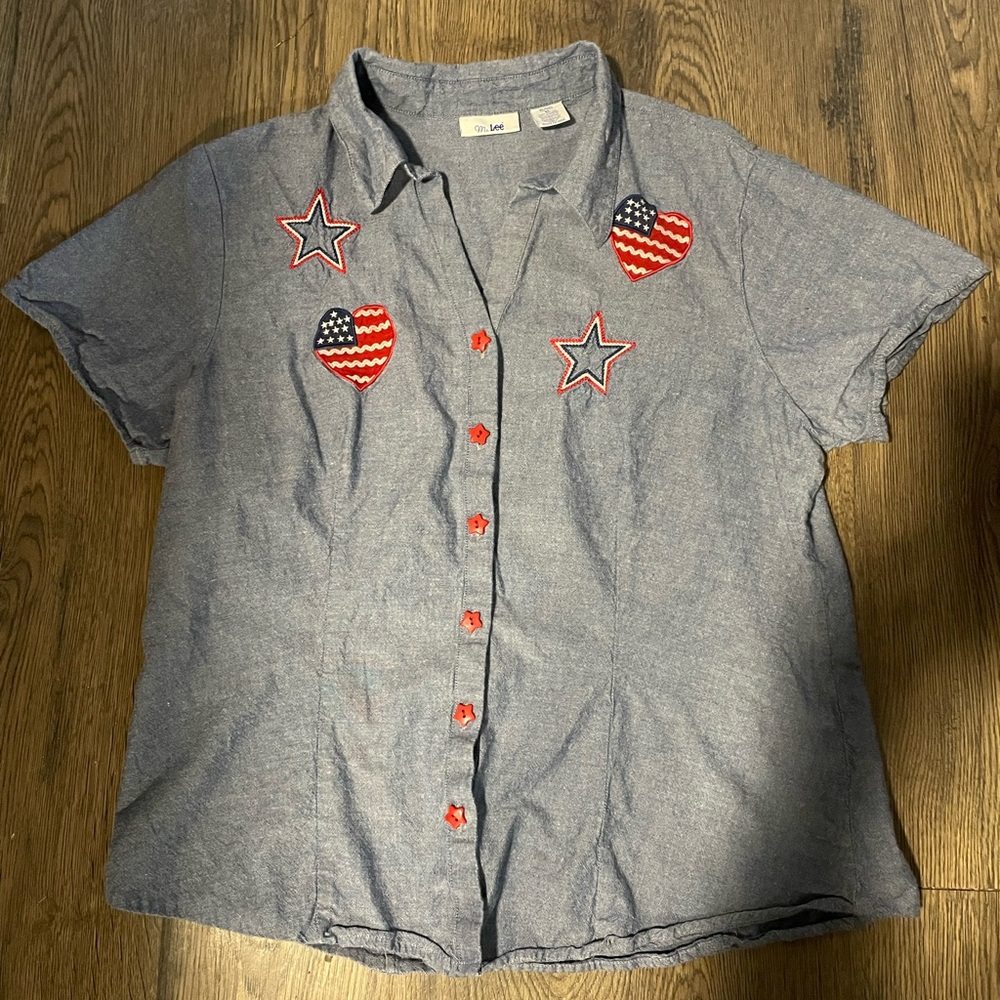 Vintage Ms. Lee Patriotic Denim-Type Short Sleeve Button-down, Women’s XL